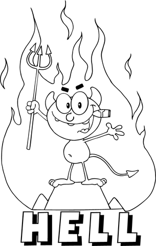 Little Red Devil Holding Up A Pitchfork And Smoking A Cigar In Front Of Fire And Hell Coloring Page